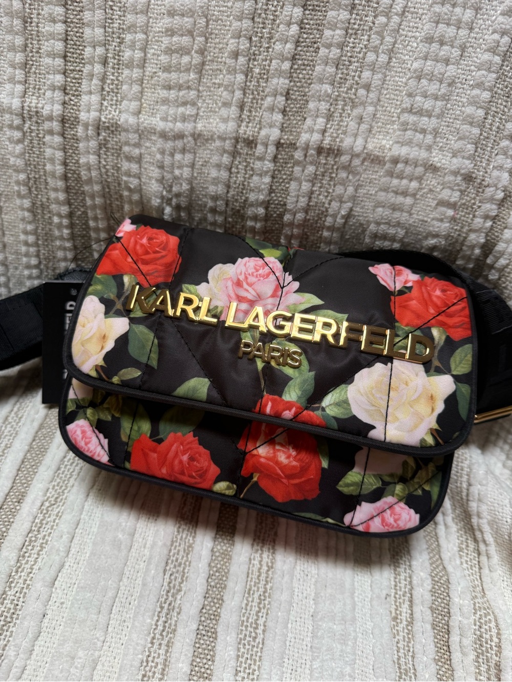 Karl Lagerfeld Quilted Floral Bag - Black with Red, Pink & Cream Roses